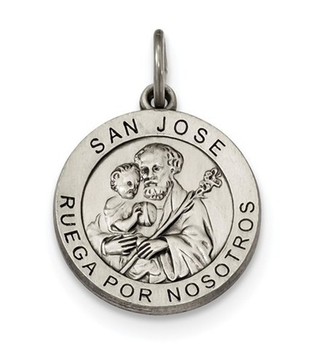 Sterling Silver Satin Antiqued Spanish St. Joseph Medal Pendant