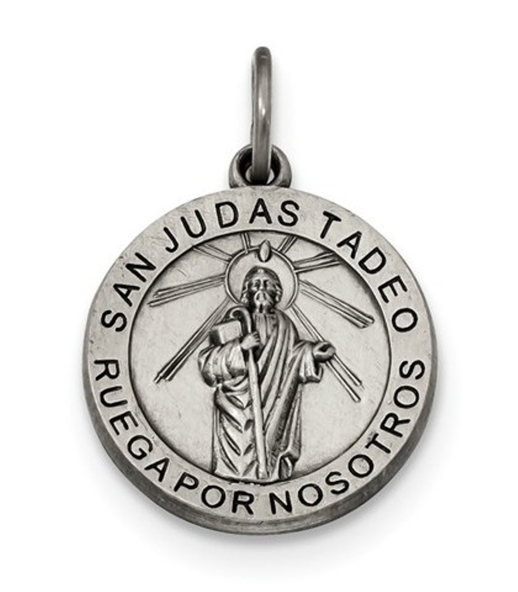 Sterling Silver Satin Antiqued Spanish St. Jude Thaddeus Medal Pendant.