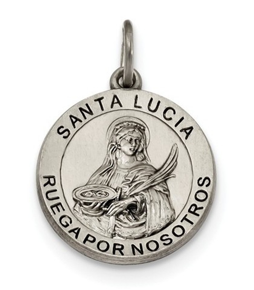 Sterling Silver Satin Antiqued Spanish St. Lucy Medal Pendant
