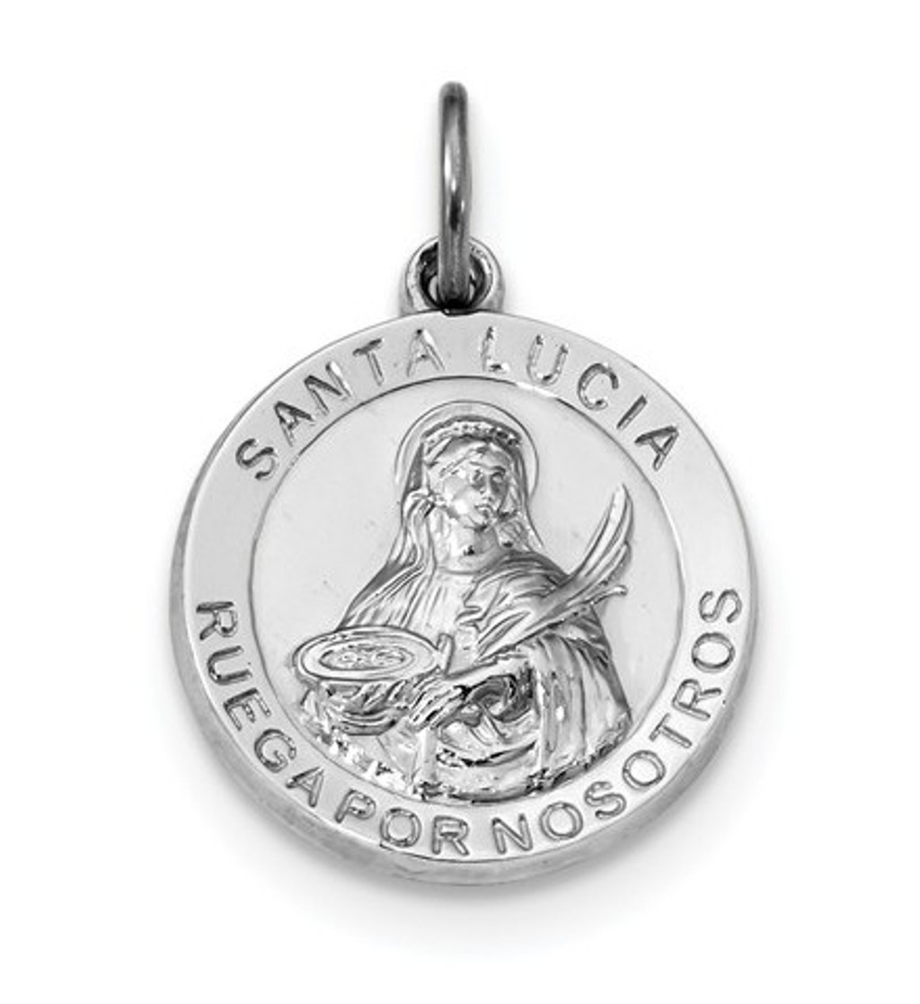 Sterling Silver Rhodium-plated Spanish St. Lucy Medal Pendant