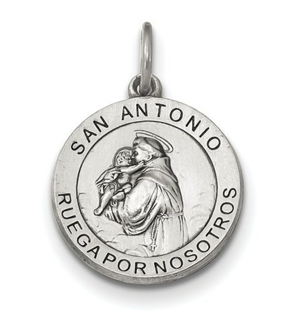 Sterling Silver Satin Antiqued Spanish St. Anthony Medal Pendant