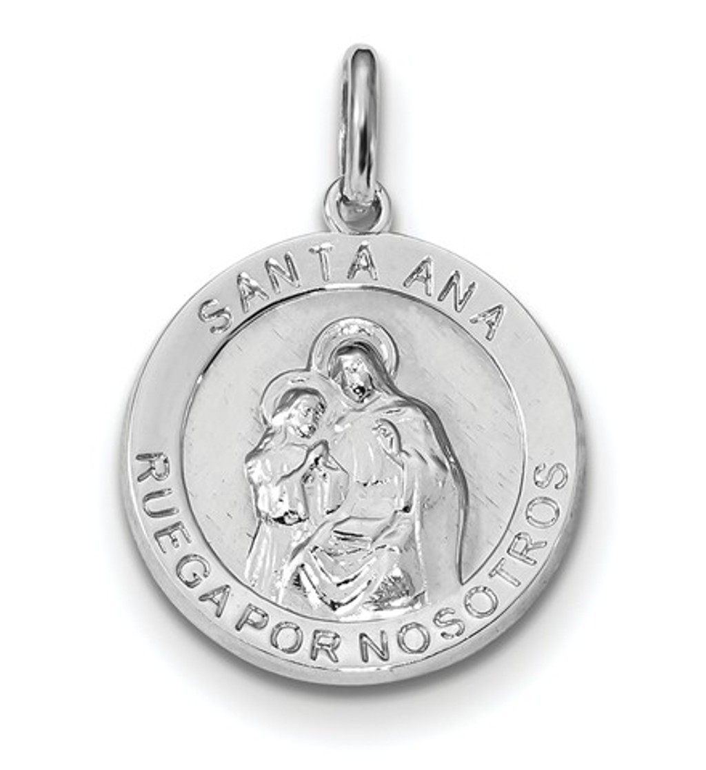 Sterling Silver Rhodium-plated Spanish Saint Anne Medal Pendant