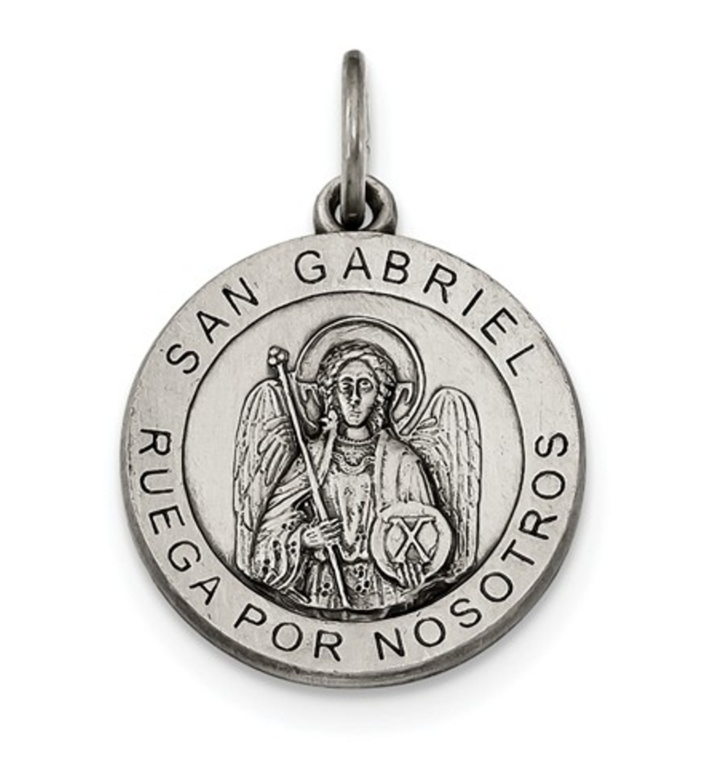 Sterling Silver Satin Antiqued Spanish St. Gabriel Medal Pendant