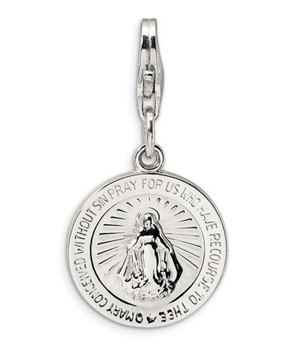 Rhodium-Plated Sterling Silver Miraculous Medal Charm (28X15MM)
 img title=QCC495