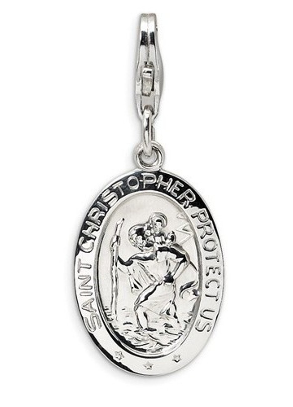 Rhodium-Plated Sterling Silver St.Christopher Medal With Lobster Clasp Charm Pendant (41X13 MM)