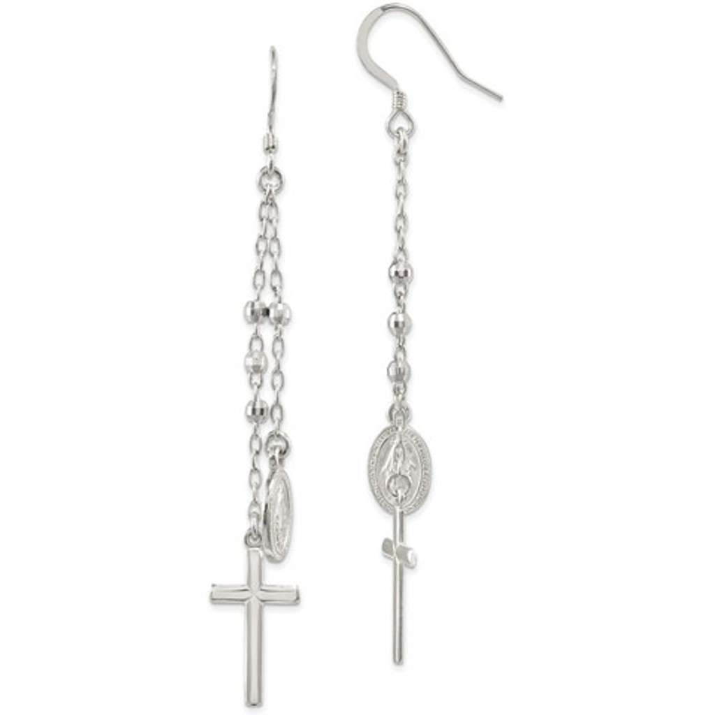 Sterling Silver Polished Miraculous Medal And Cross Hook Earrings