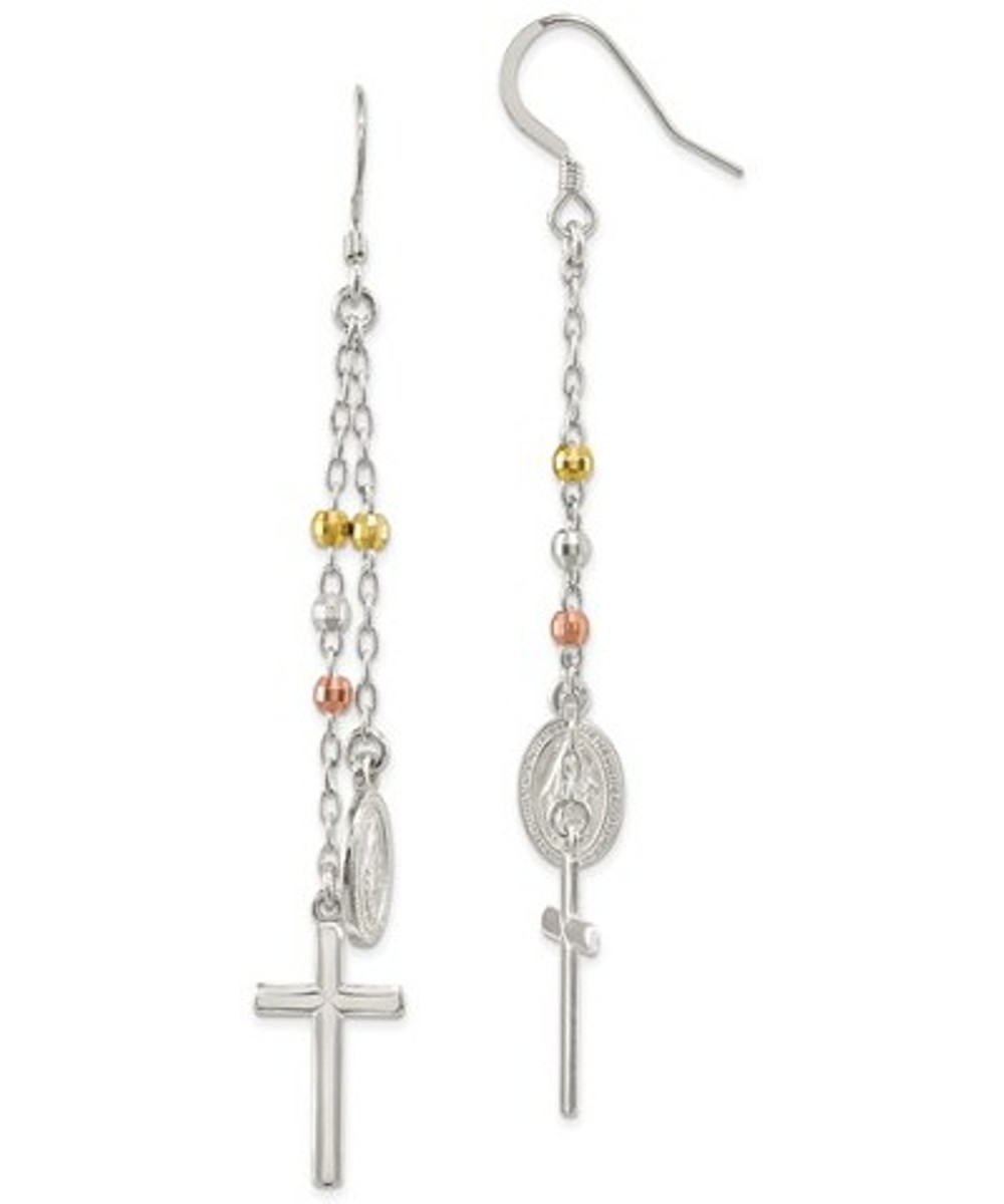 Sterling Silver Gold-Tone/Rose-Tone Miraculous Medal And Cross Hook Earrings (79.7X10.9MM)