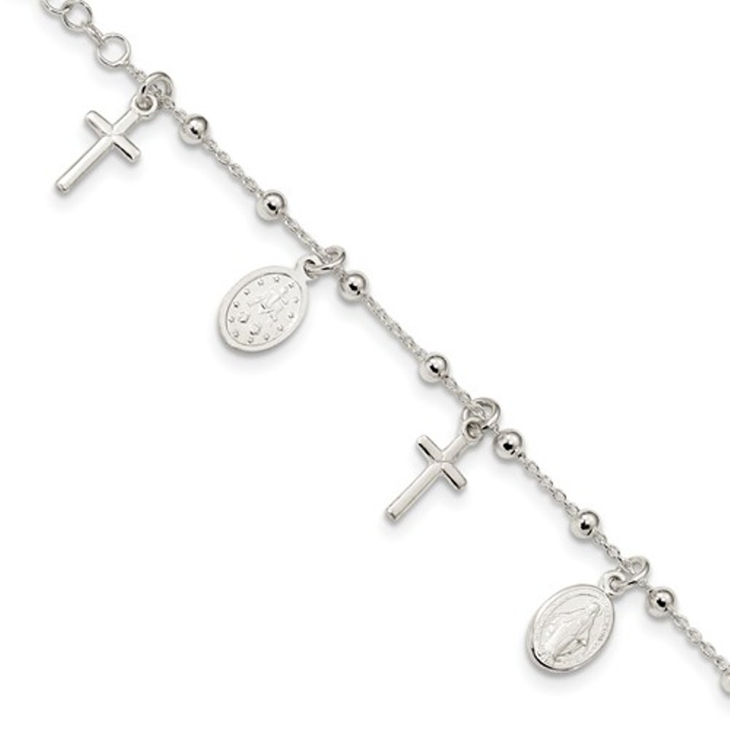 Sterling Silver Polished With 1in Ext Cross And Miraculous Medal Bracelet, 6