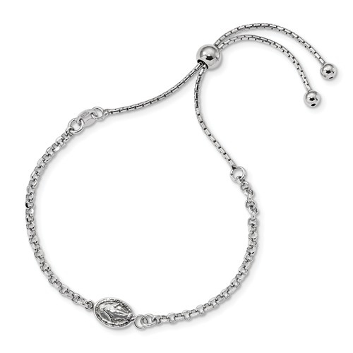 Rhodium-Plated Sterling Silver Miraculous Medal Adjustable Bracelet, 4-9