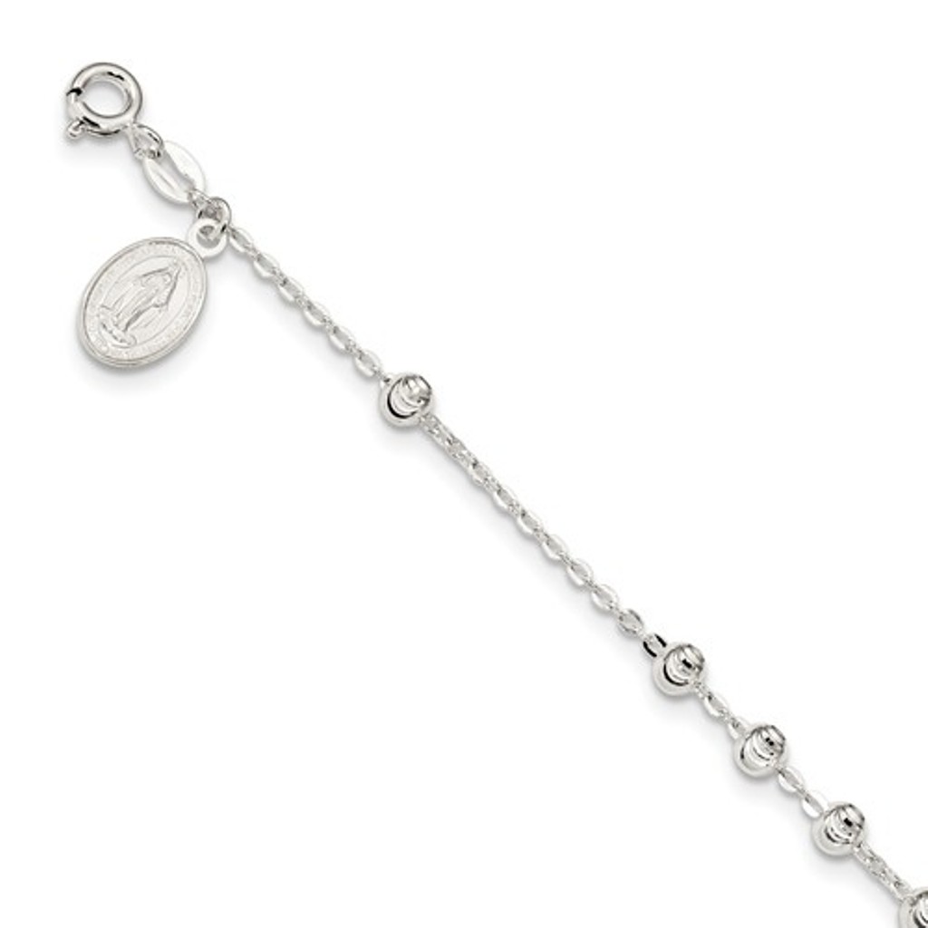 Sterling Silver Diamond-Cut Beaded Miraculous Medal Bracelet, 7.5