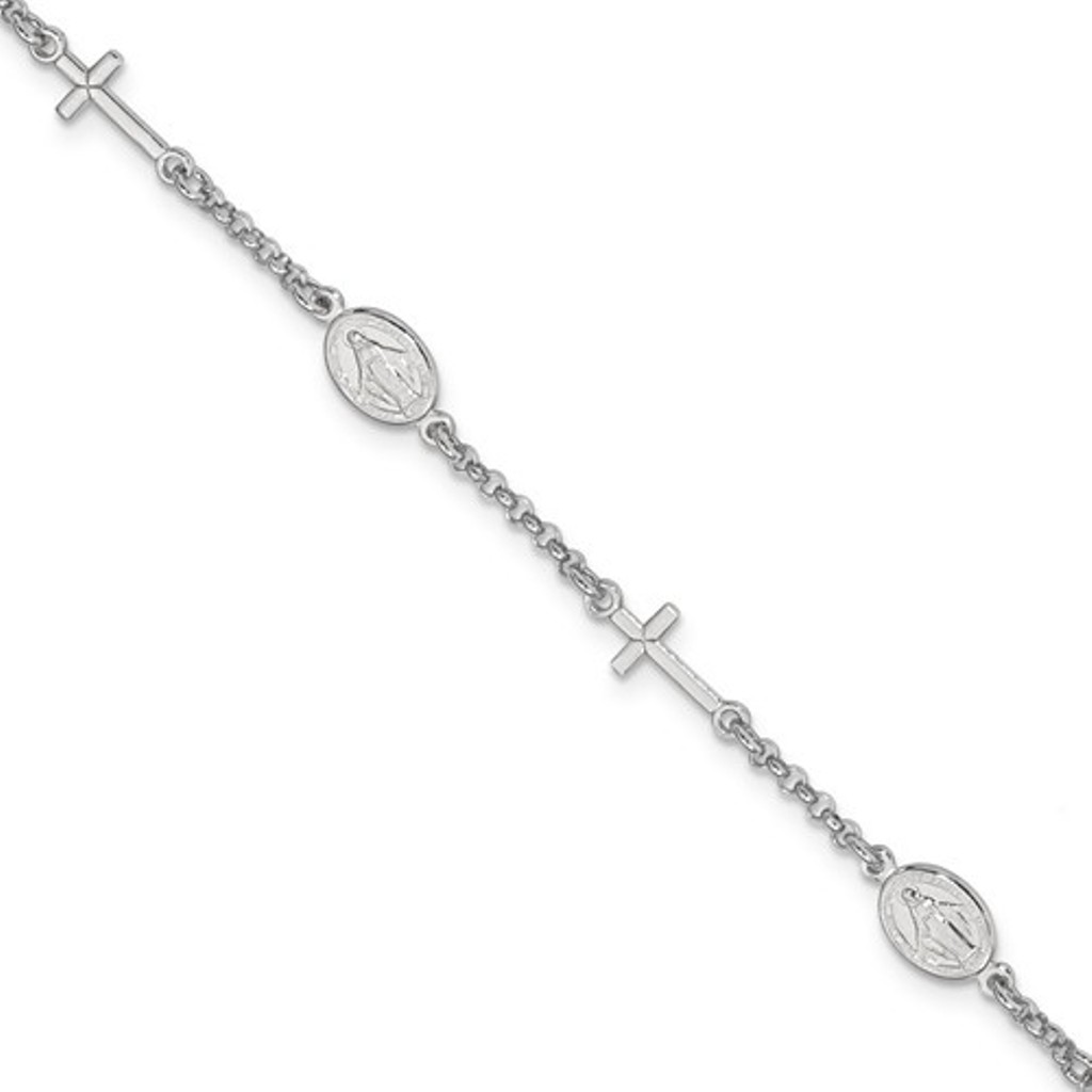 Rhodium Plated Sterling Silver Cross and Miraculous Medal Bracelet, 6.5