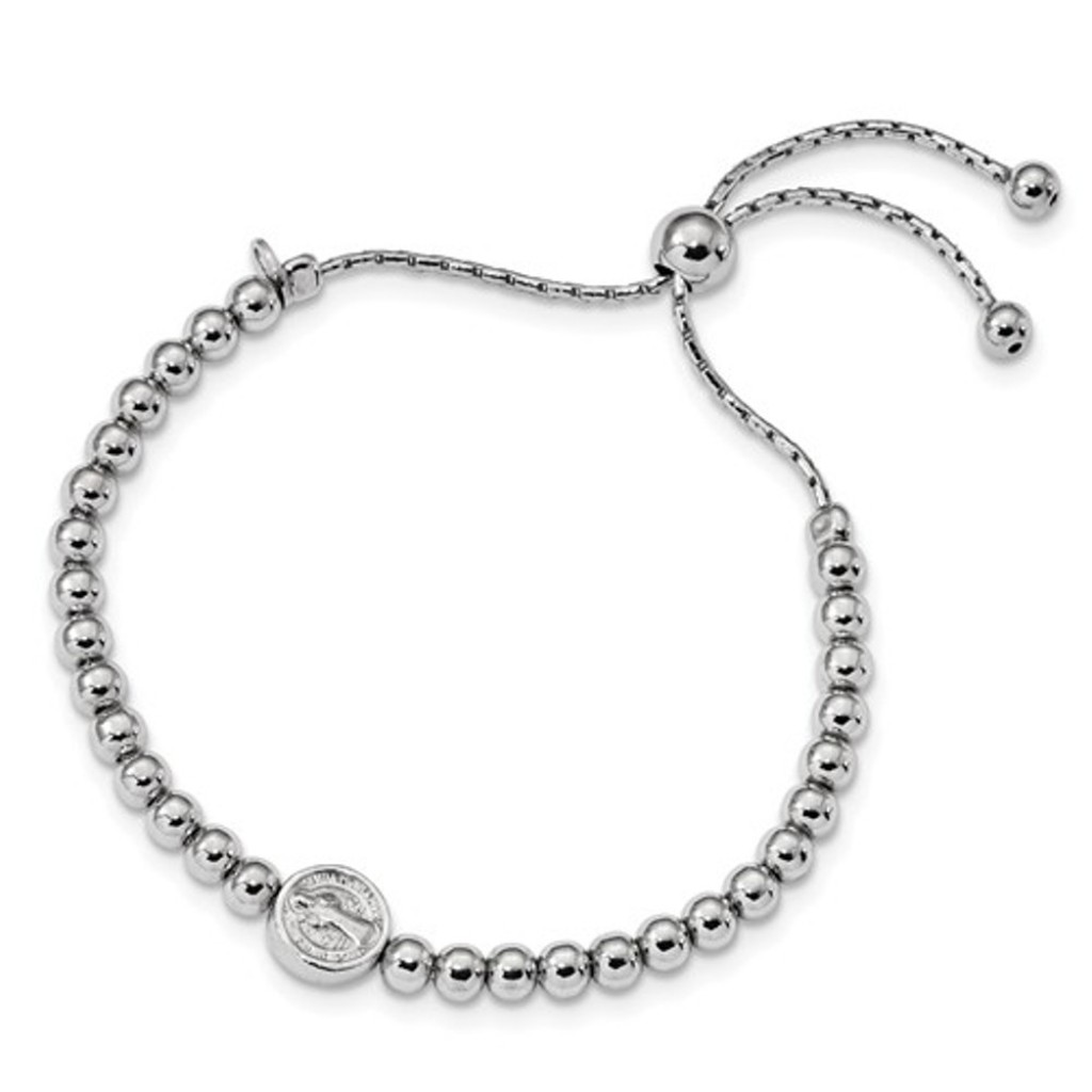 Rhodium-Plated Sterling Silver Saint Medal Beaded Bracelet, 9