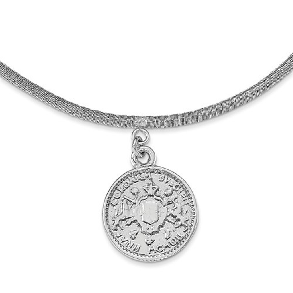 Leslie's SS Rhod-plat Polished Elizabeth II Medal with 1.5 in ext Necklace