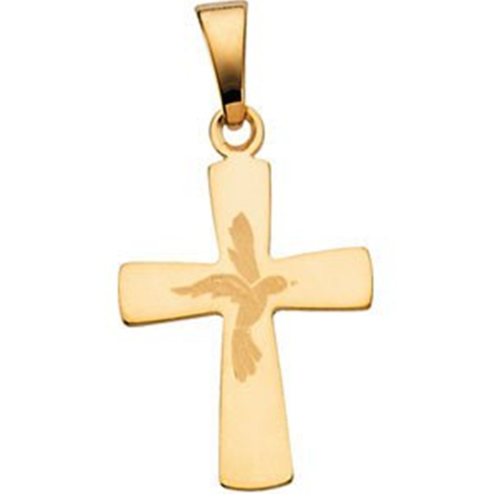 Petite Cross with Dove 14k Yellow Gold Pendant. 