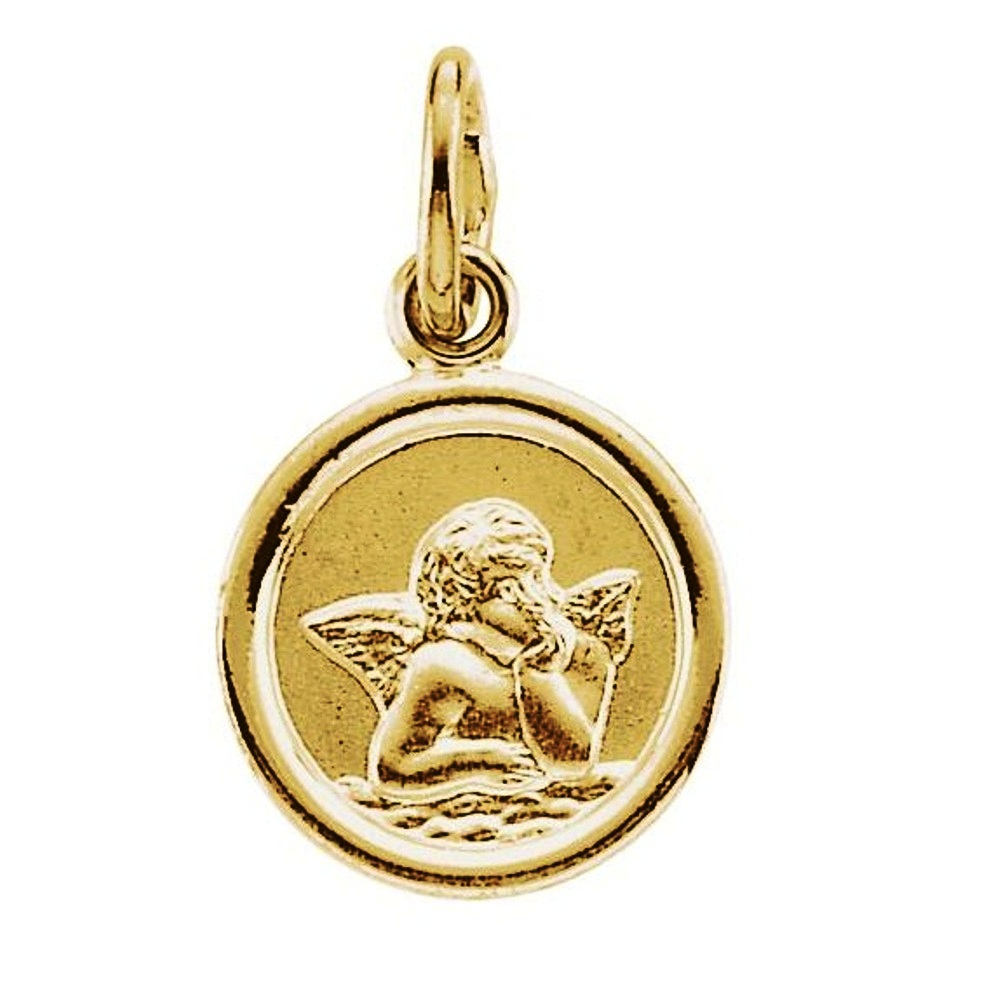 14k Yellow Gold Round Angel Medal with Decorative Frame.