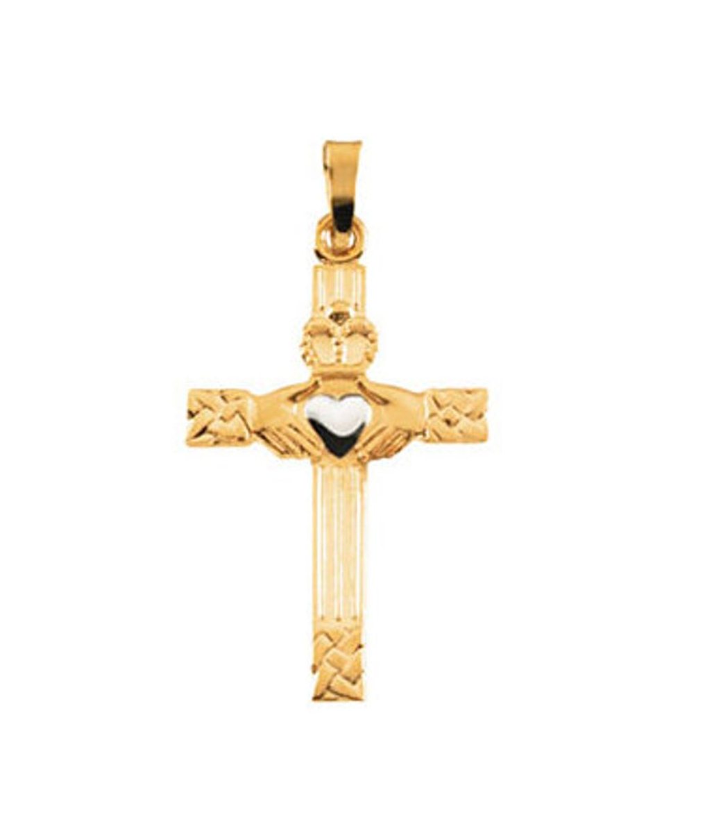 Claddagh Cross Pendant, 14k Yellow and White Gold