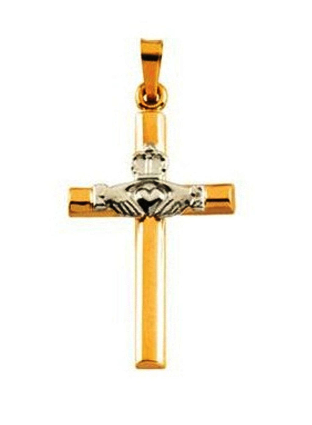 Hollow Claddagh Cross Pendant, 14k Yellow and White Gold