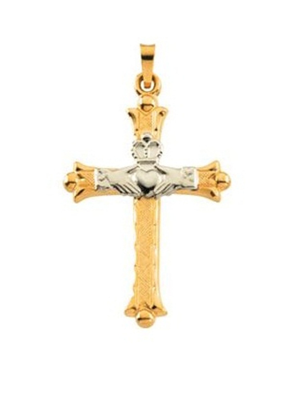 Hollow Claddagh Cross Pendant, 14k Yellow and White Gold