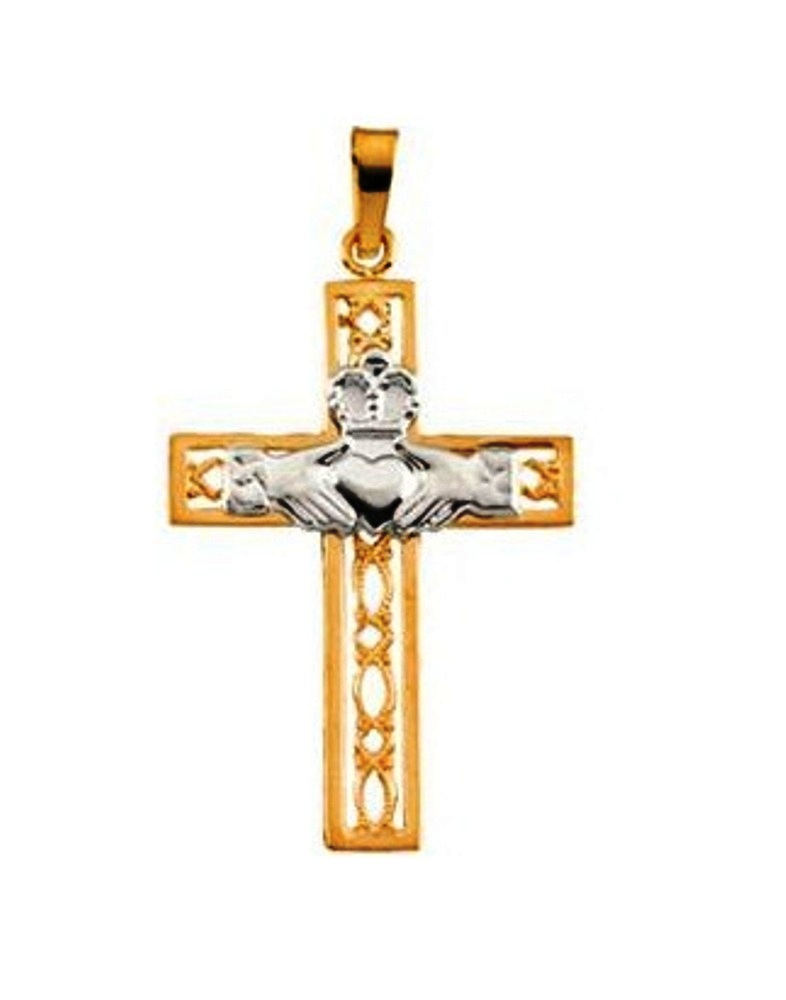 14k Yellow Gold Celtic Design and White Gold Crown Two-Tone Claddagh Cross Pendant