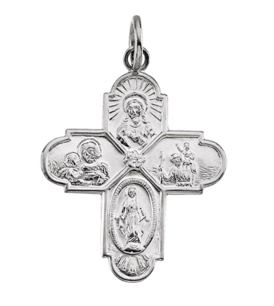 Rhodium-Plated 14k White Gold Four-Way Cross Medal (24.5x21.5 MM)