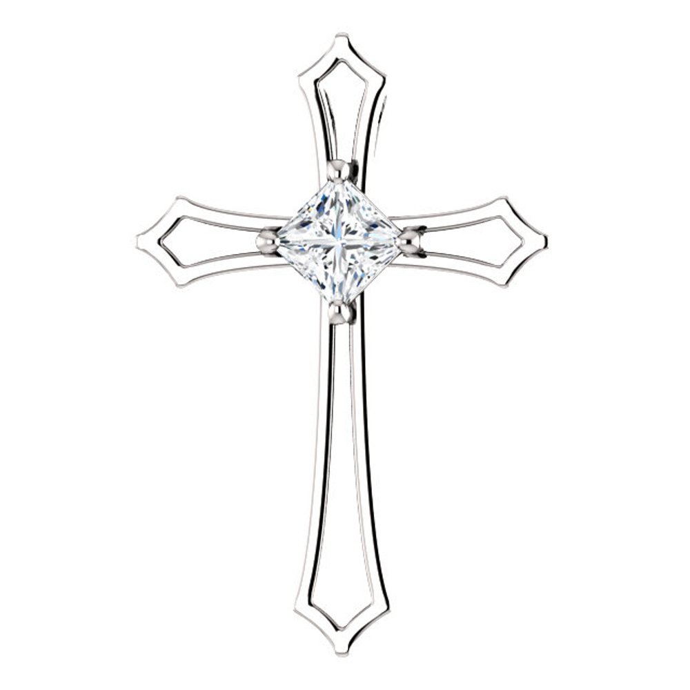  14k white gold diamond cross filigree floral pendant.