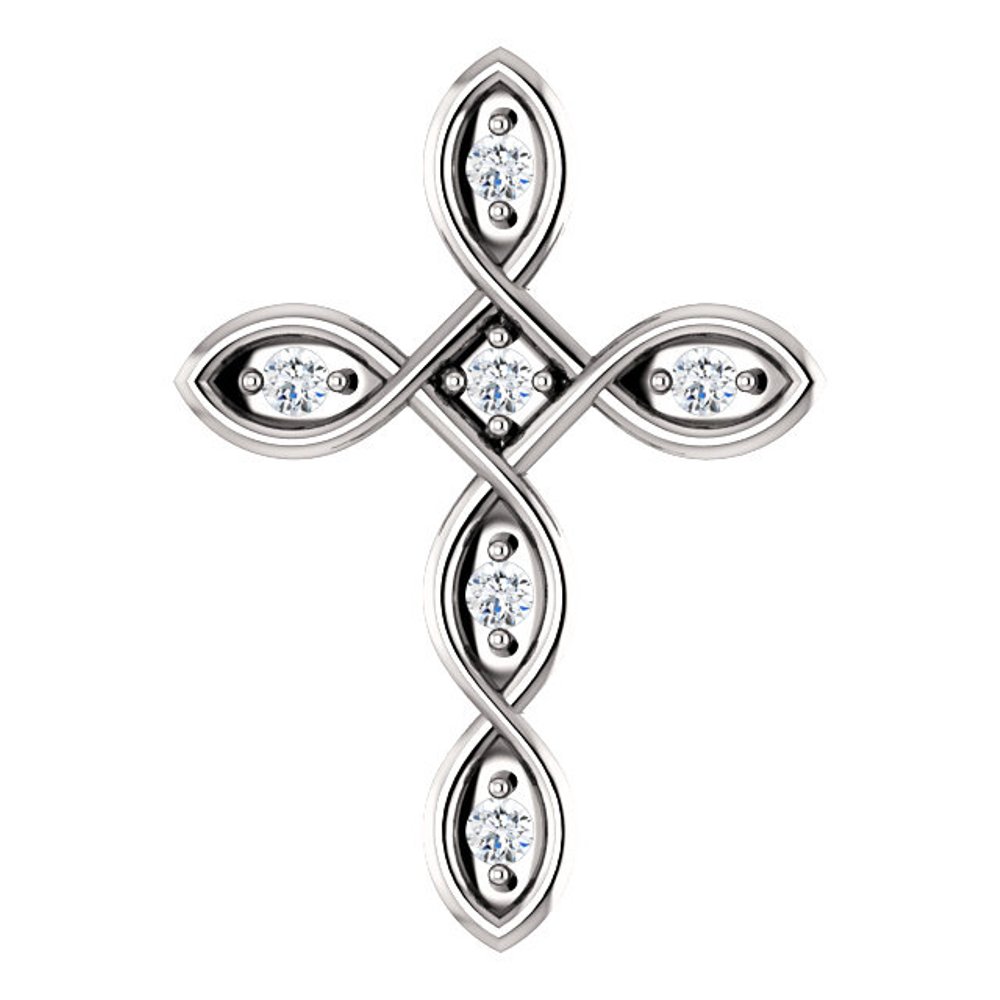  14k white gold diamond infinity cross pendant with 6 hand-set diamonds.