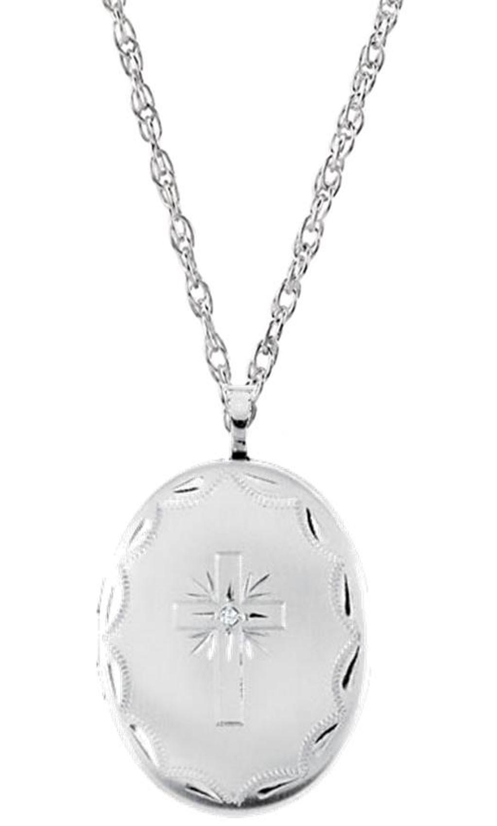 Diamond Oval Locket Cross Necklace, Sterling Silver