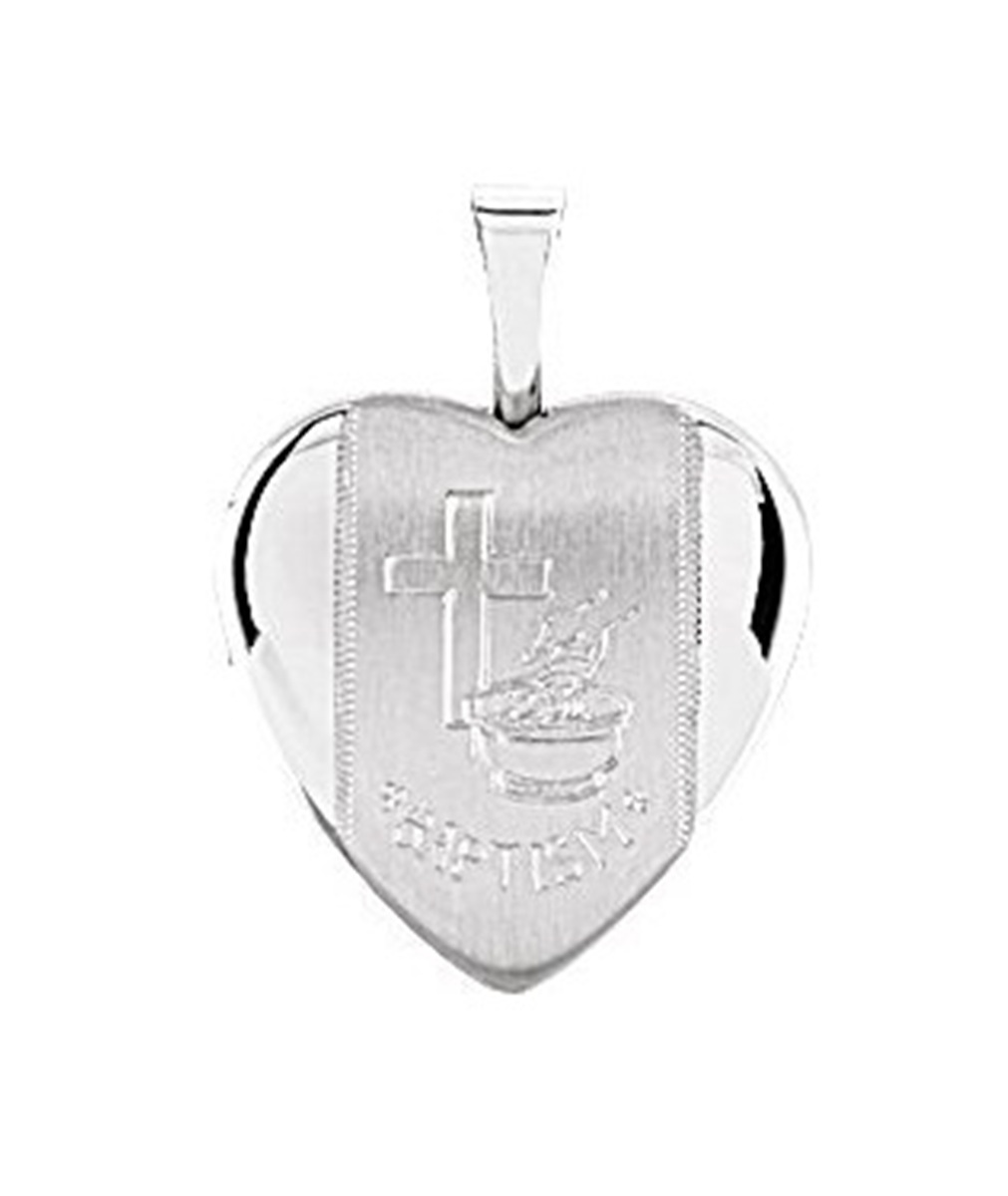 Satin-Brush Heart Baptismal Sterling Silver Locket