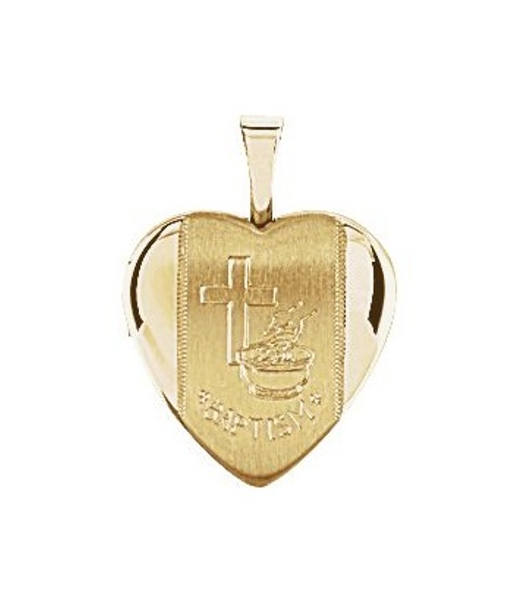 Satin-Brush Heart Baptismal 14k Yellow Gold Plated Sterling Silver Locket