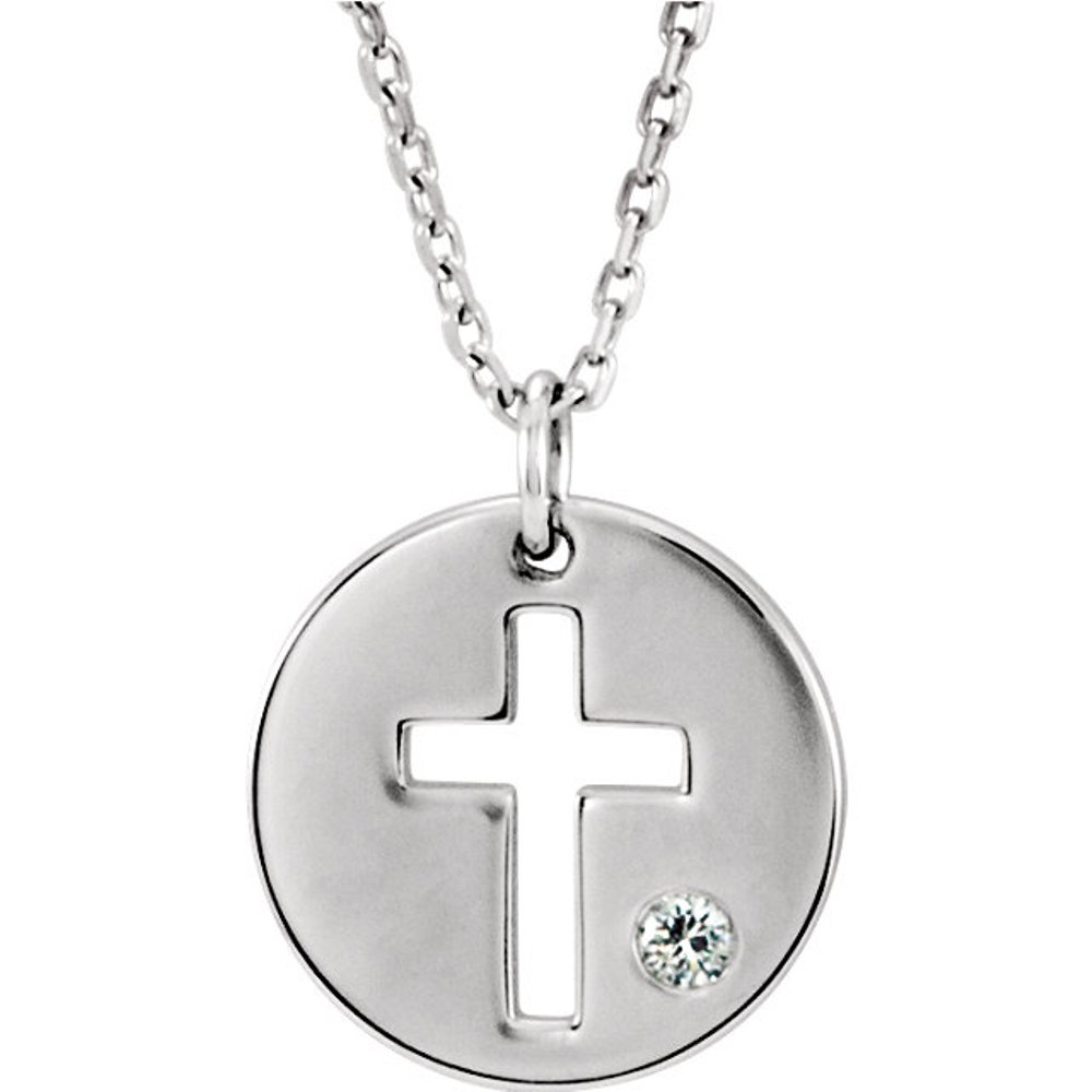  14k white gold diamond cross pendant on a round white gold disc with a cross cut-out and an embedded diamond on the disc.