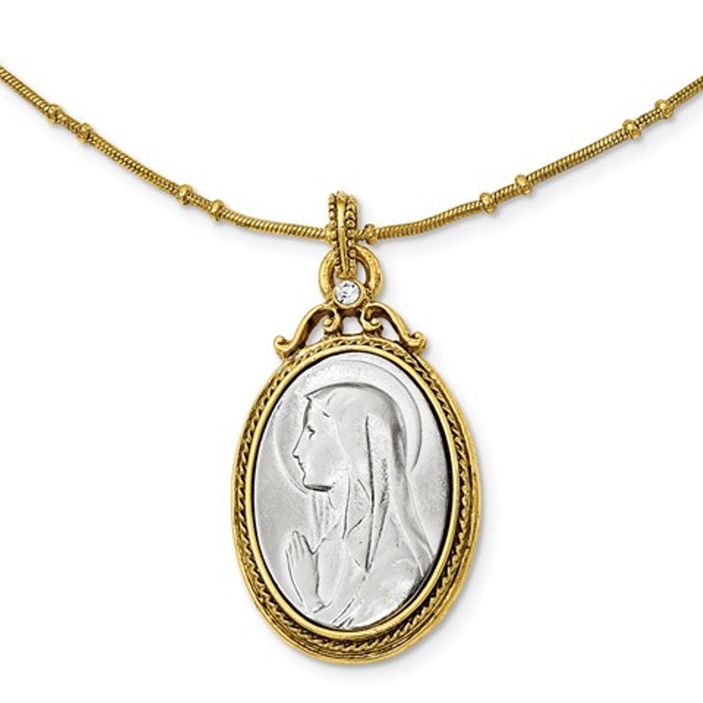 Gold-tone and Silver-tone Crystal Mary Miraculous Medal 20in Necklace (42.12X24.9MM)