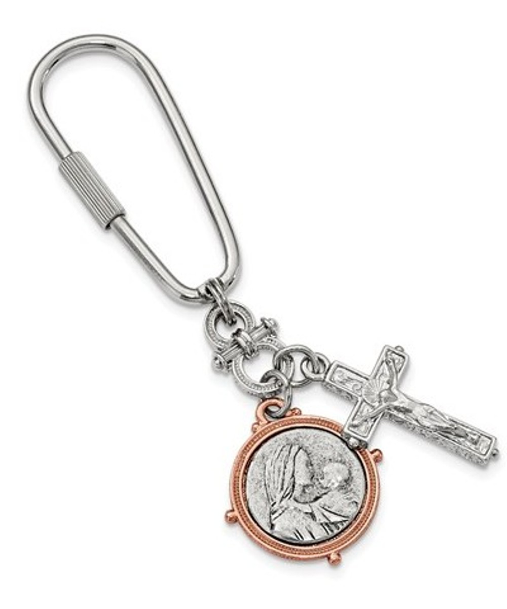 Silver And Rose-Tone Mary With Child Miraculous Medal Crucifix Key Fob (3.5in X26.69MM)