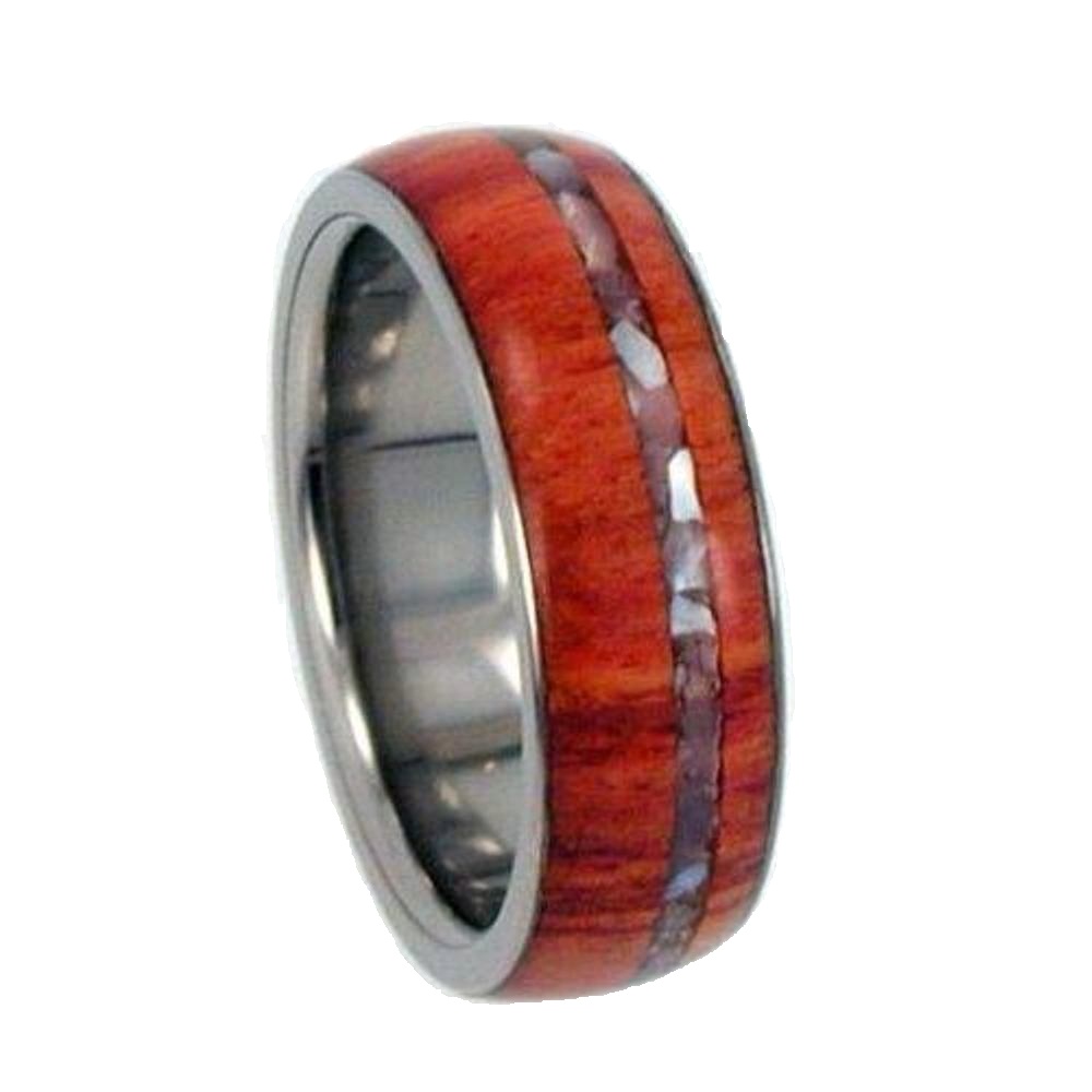 Mother of Pearl, Tulip Wood Inlay 7mm Comfort Fit Polished Titanium Band. 