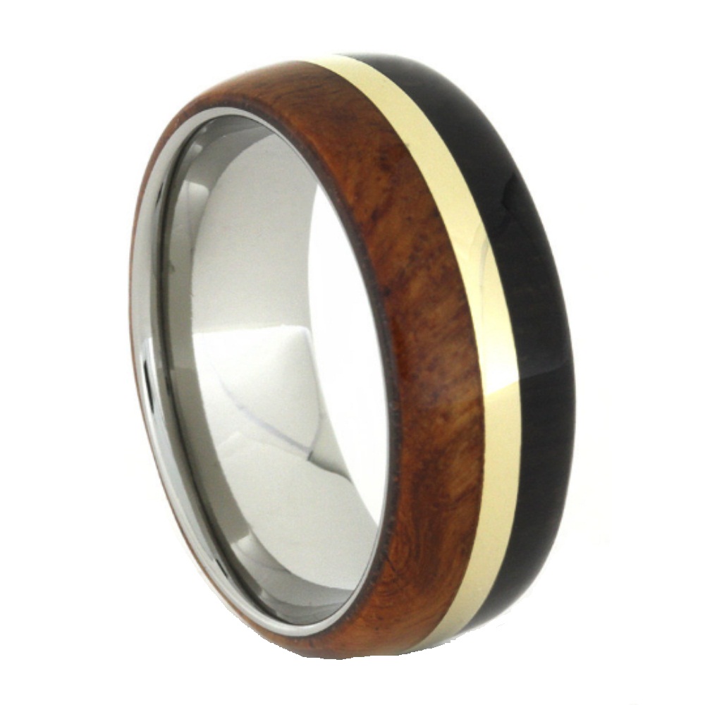 African Blackwood and Amboyna Wood Overlay with 14k Yellow Gold Stripe 8mm Comfort-Fit Titanium Ring. 