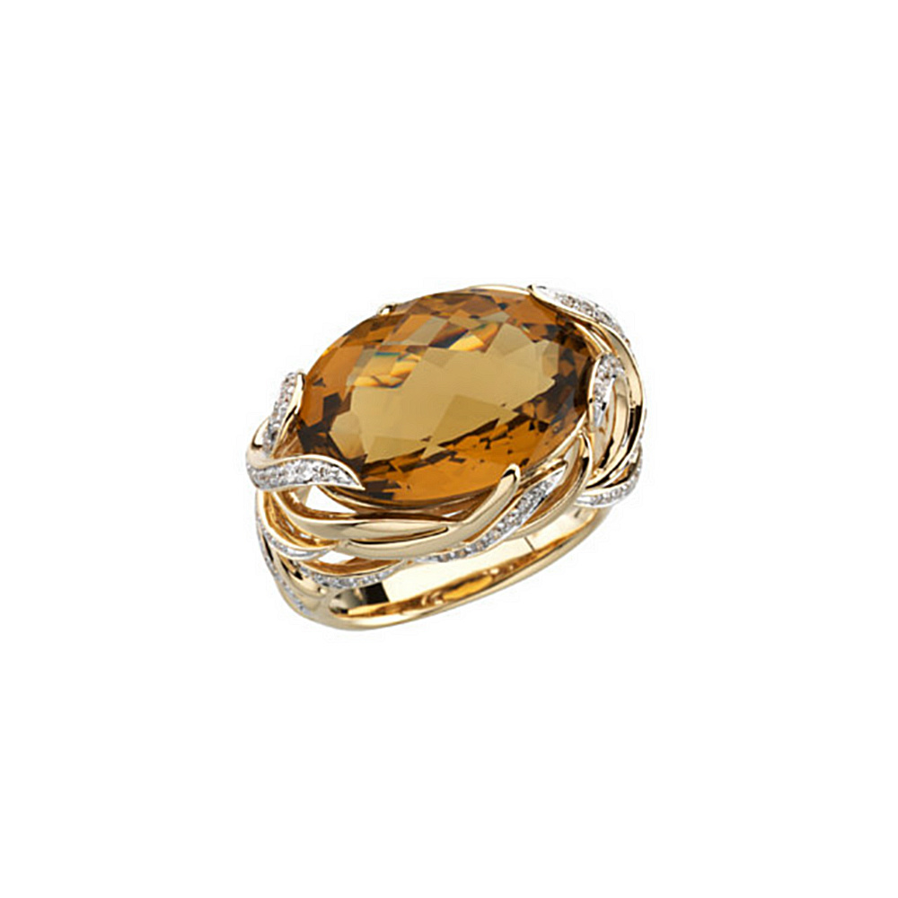 Oval Cinnamon Quartz and Diamond Ring, 14k Yellow Gold. 