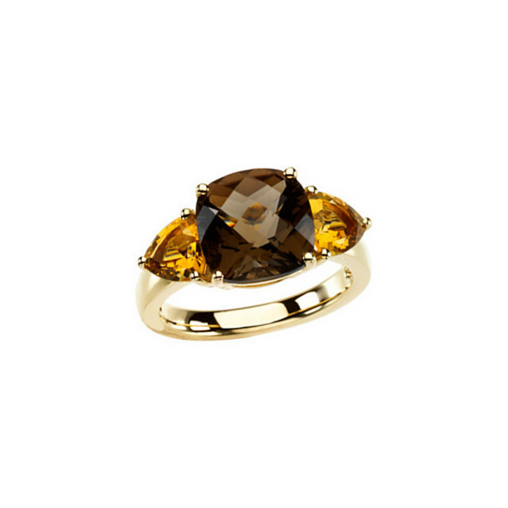 Smoky Quartz & Citrine 3-Stone Ring, 14k Yellow Gold, Size 7. 