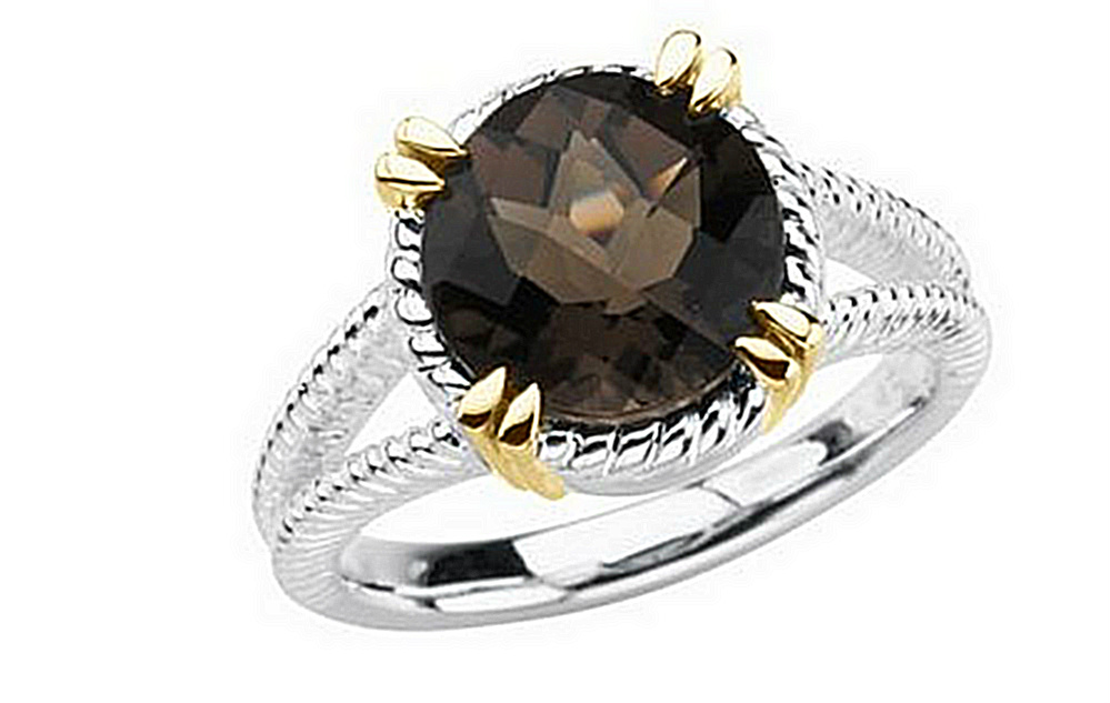 Checkerboard Smoky Quartz Rope Design Ring, Sterling Silver and 14K Yellow Gold, Size 7. 