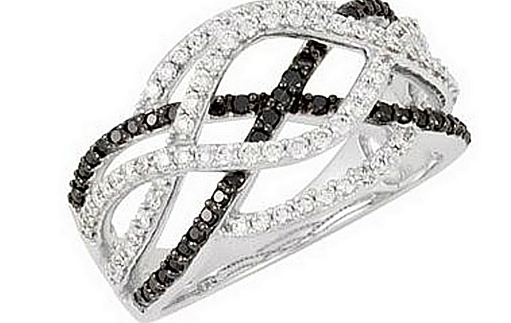 Black and White Diamond Crossover Ring, 14k White Gold (3/4 Ctw, Color H+, Clarity I1), Size 7. 