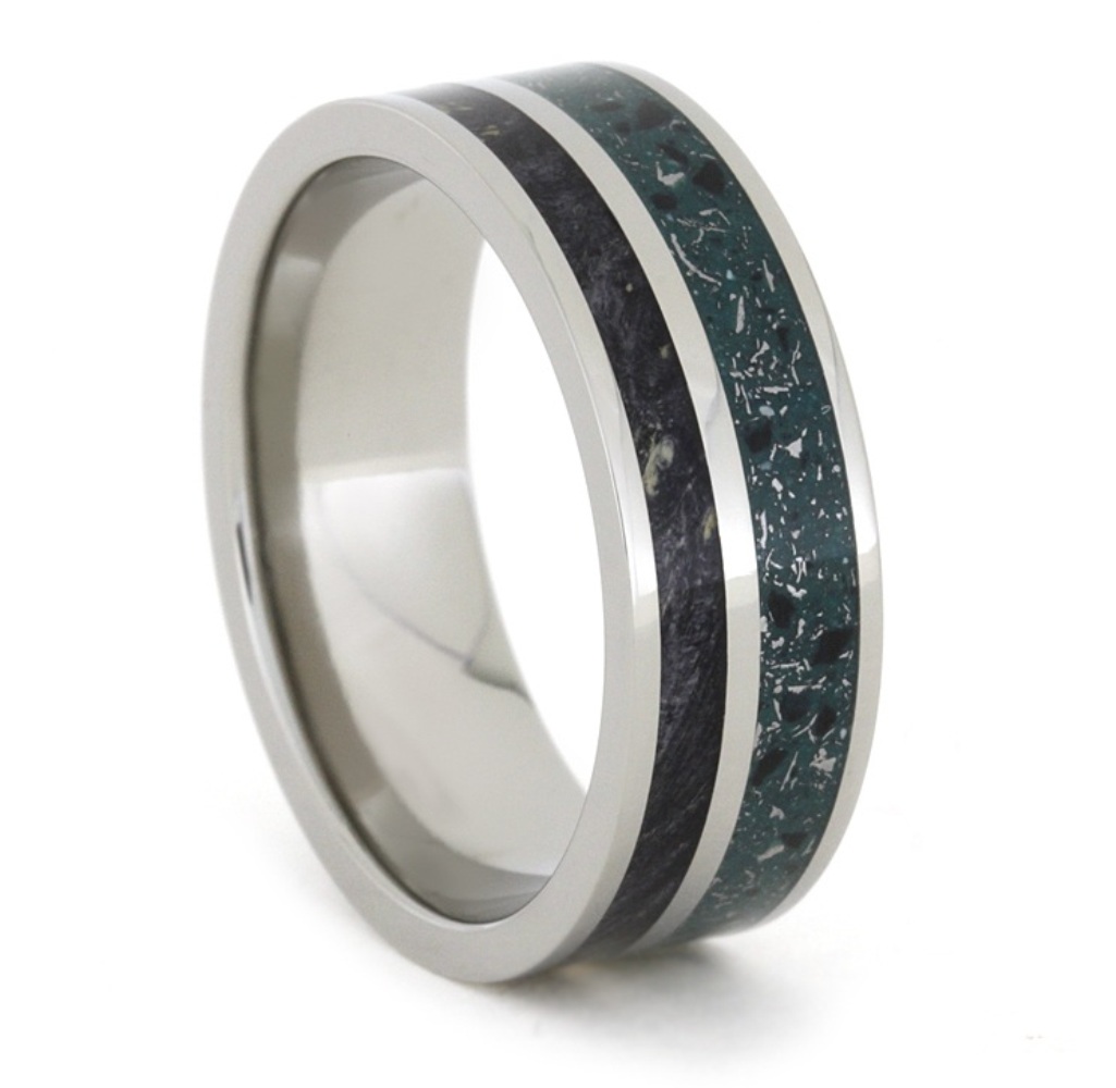 Black Box Elder Burl and Green Stardust Inlay 8mm Comfort-Fit Polished Titanium Wedding Band.