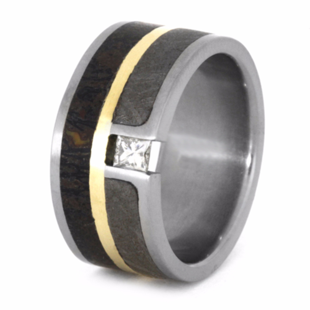 Tension-set princess-cut diamond band with inlaid 14k yellow gold, Gibeon Meteorite and dinosaur bone on a titanium, comfort-fit band.