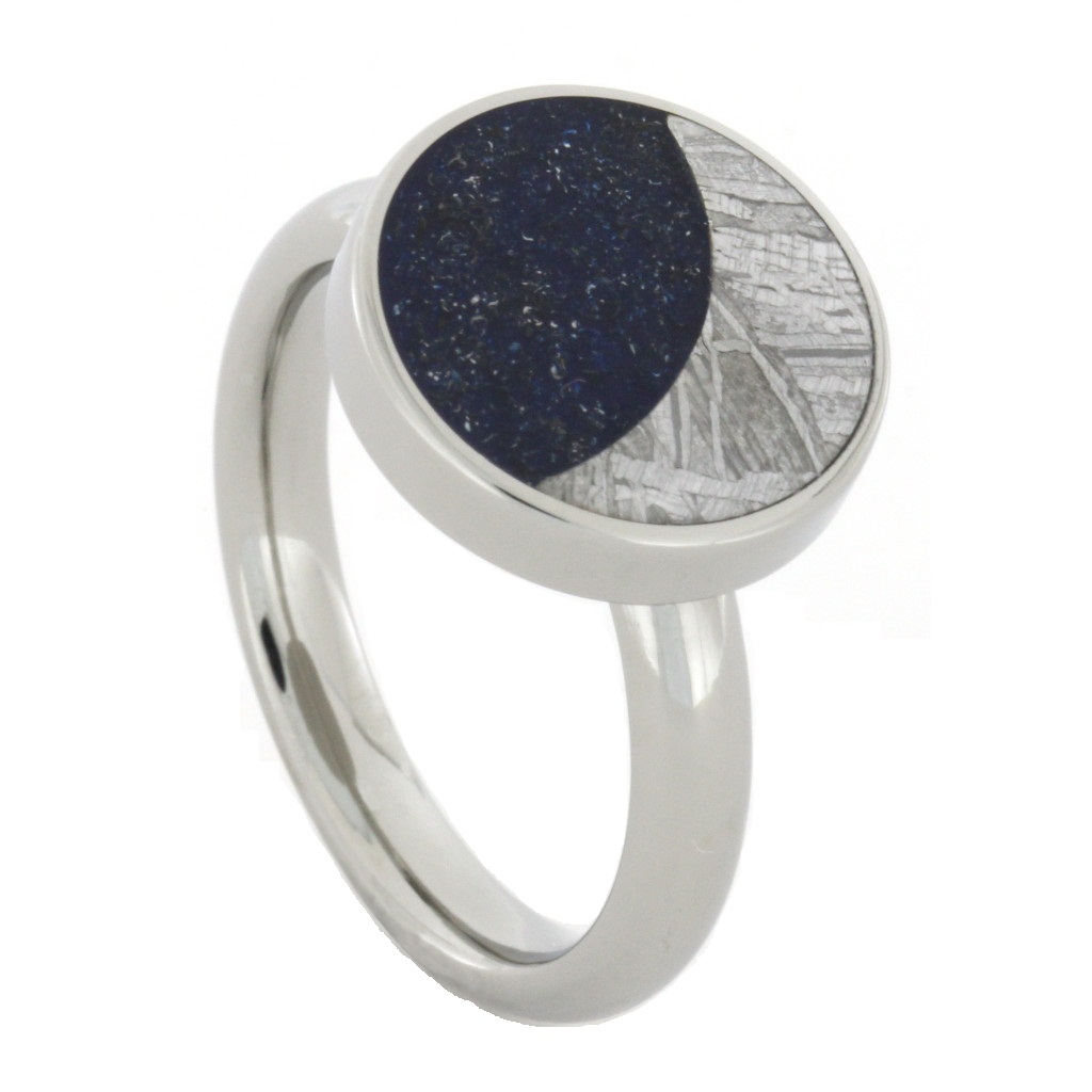 Meteorite Moon and Blue Stardust Overlay 4mm Comfort-Fit Polished Titanium Wedding Band.