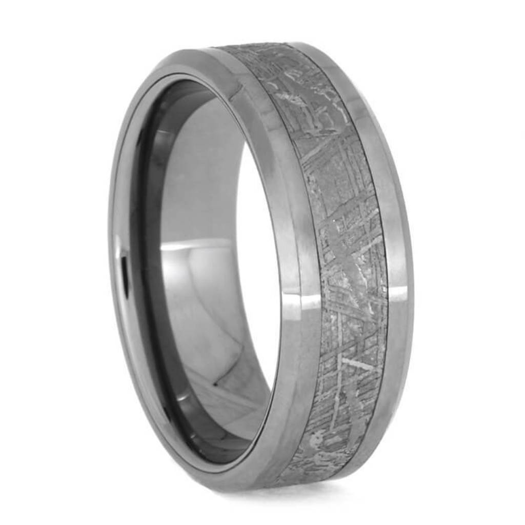 Meteorite Wedding Band, Beveled Tungsten Ring