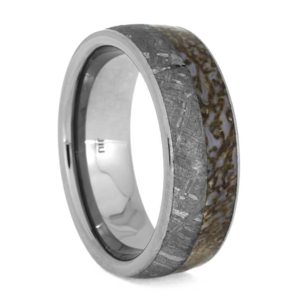 Dinosaur Bone Ring With Gibeon Meteorite, Tungsten