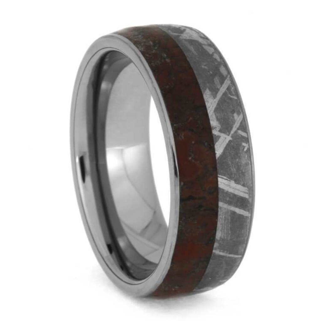 Dinosaur Bone Wedding Band, Tungsten And Meteorite