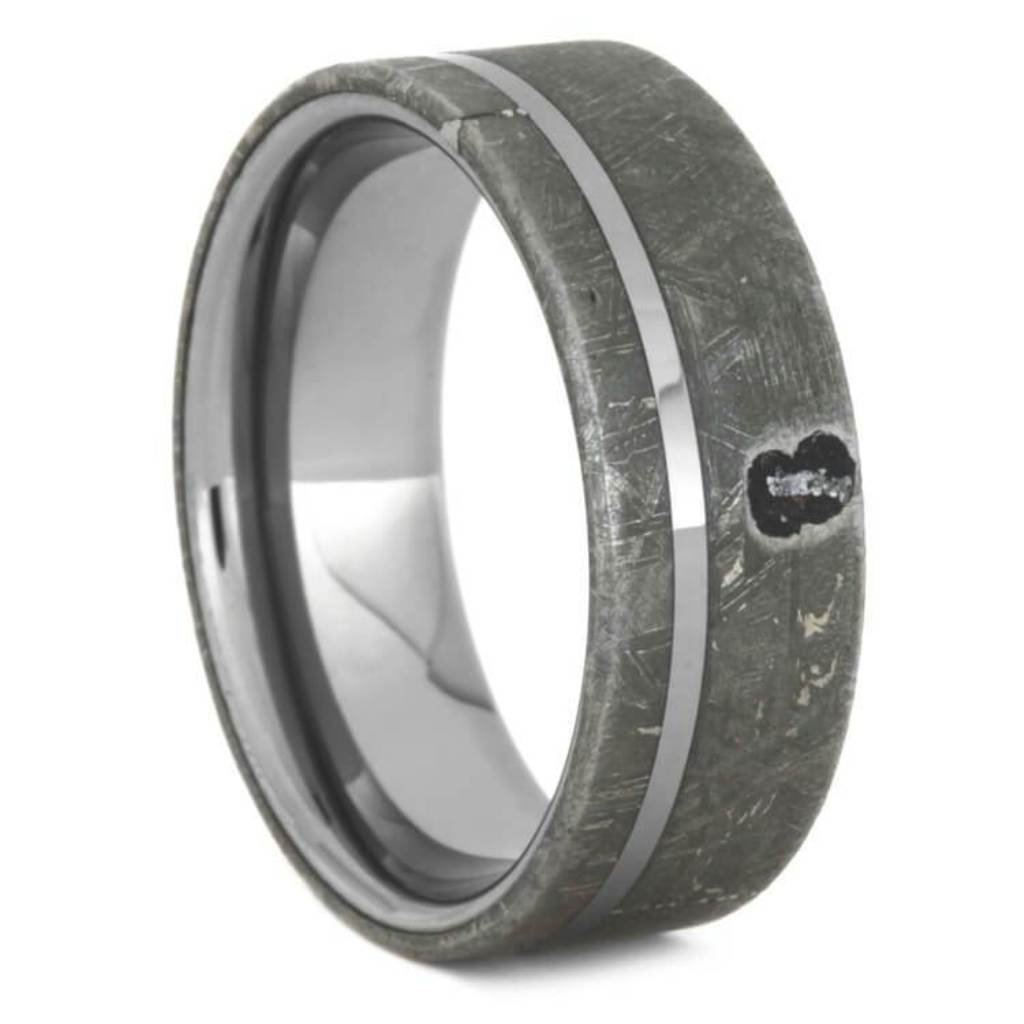 Tungsten Wedding Band, Meteorite Ring With Pinstripe