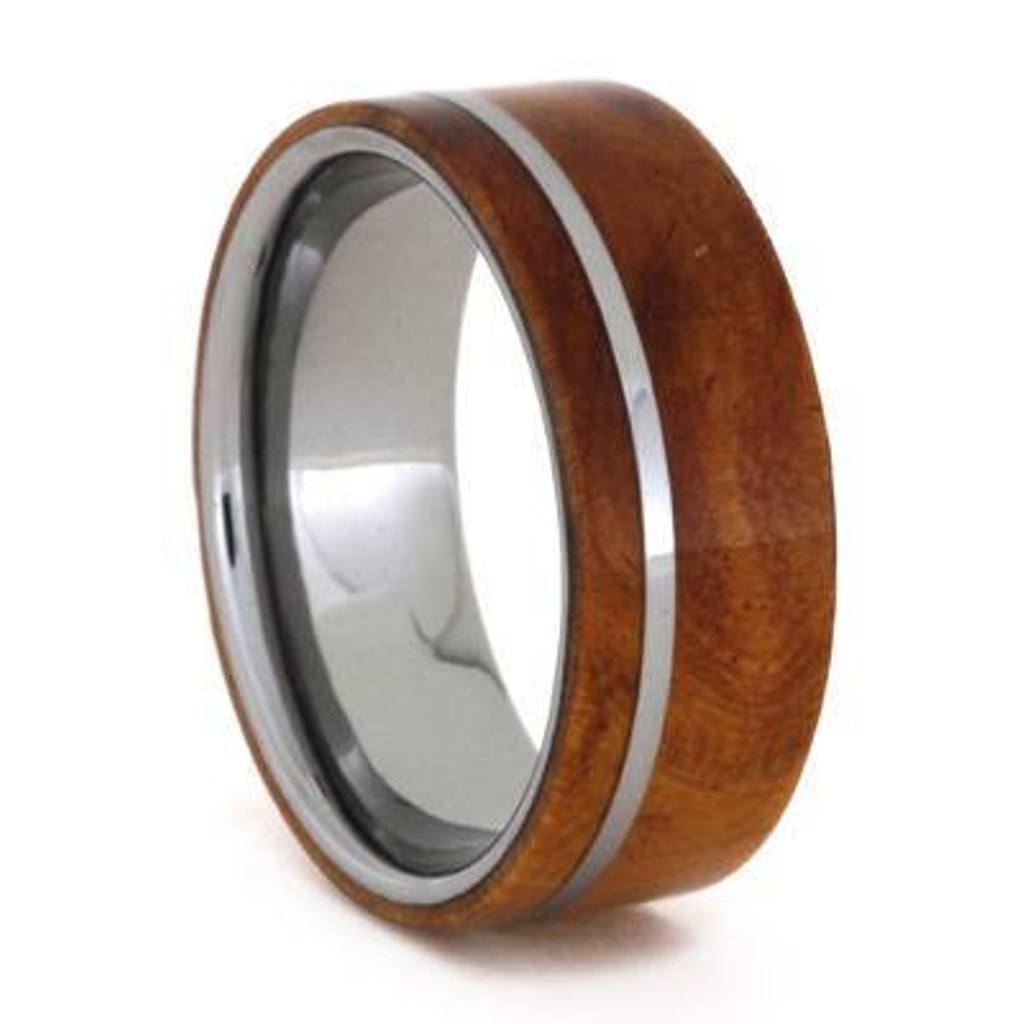 Tungsten Wedding Band With Ironwood Burl And Tungsten Pinstripe