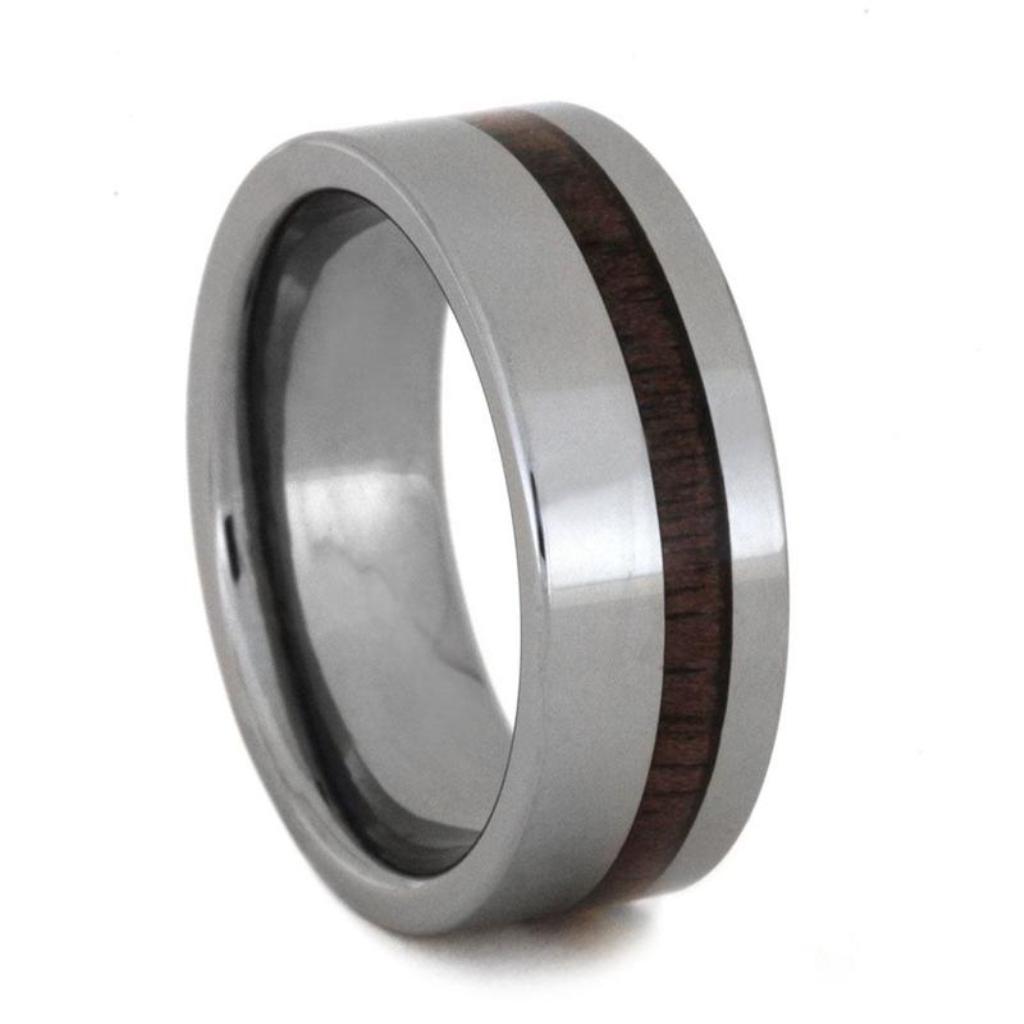 Mens Tungsten Ring With Walnut Wood Pinstripe