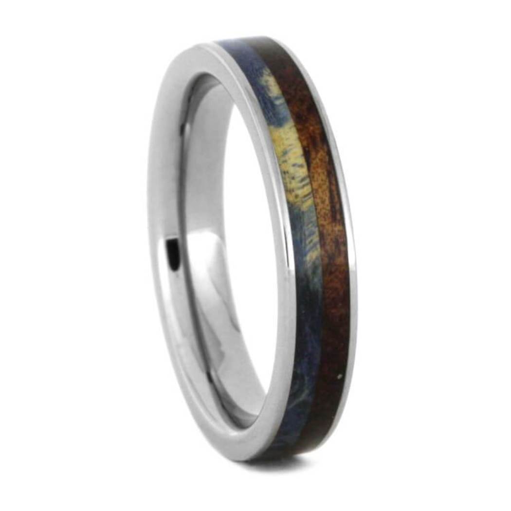  Whiskey Barrel Oak Wood Blue Box Elder Burl 4mm Titanium Comfort-Fit Wedding Band