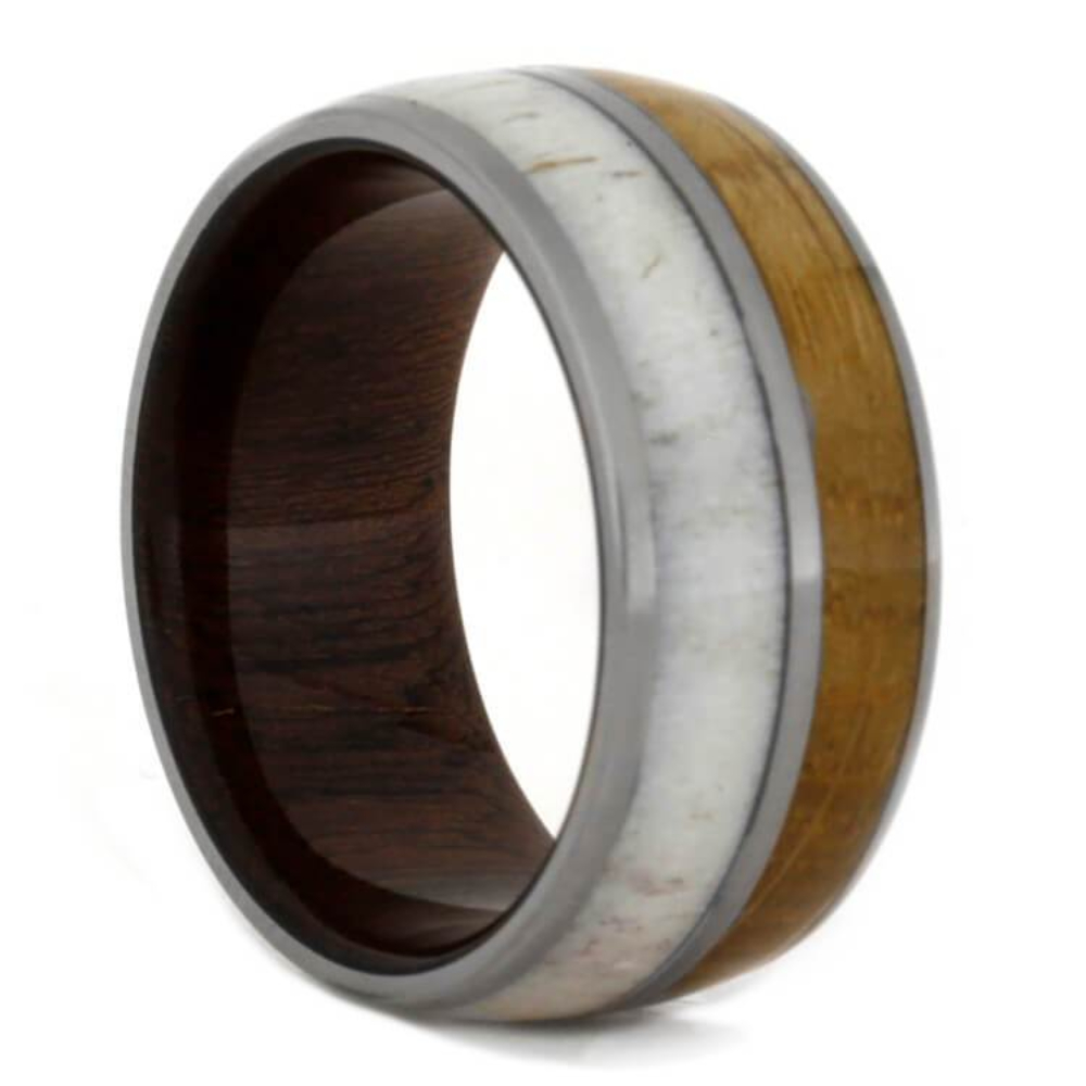 Deer Antler Titanium 11mm Matte Comfort-Fit Whiskey Barrel Oak Wood Sleeve Band