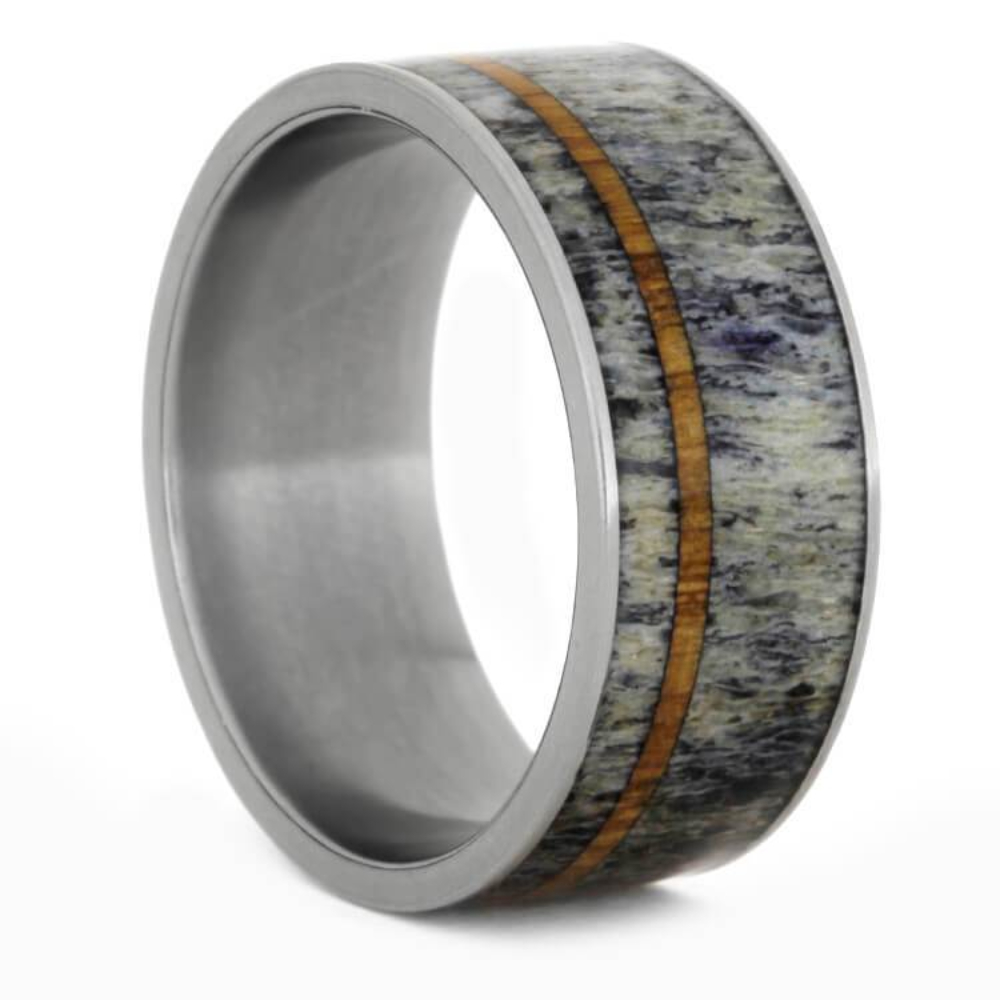 Deer Antler Oak Wood 10mm Matte Titanium Comfort-Fit Wedding Band